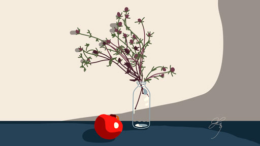 生け花とザクロのイラストを描くデジタルイラストメイキング